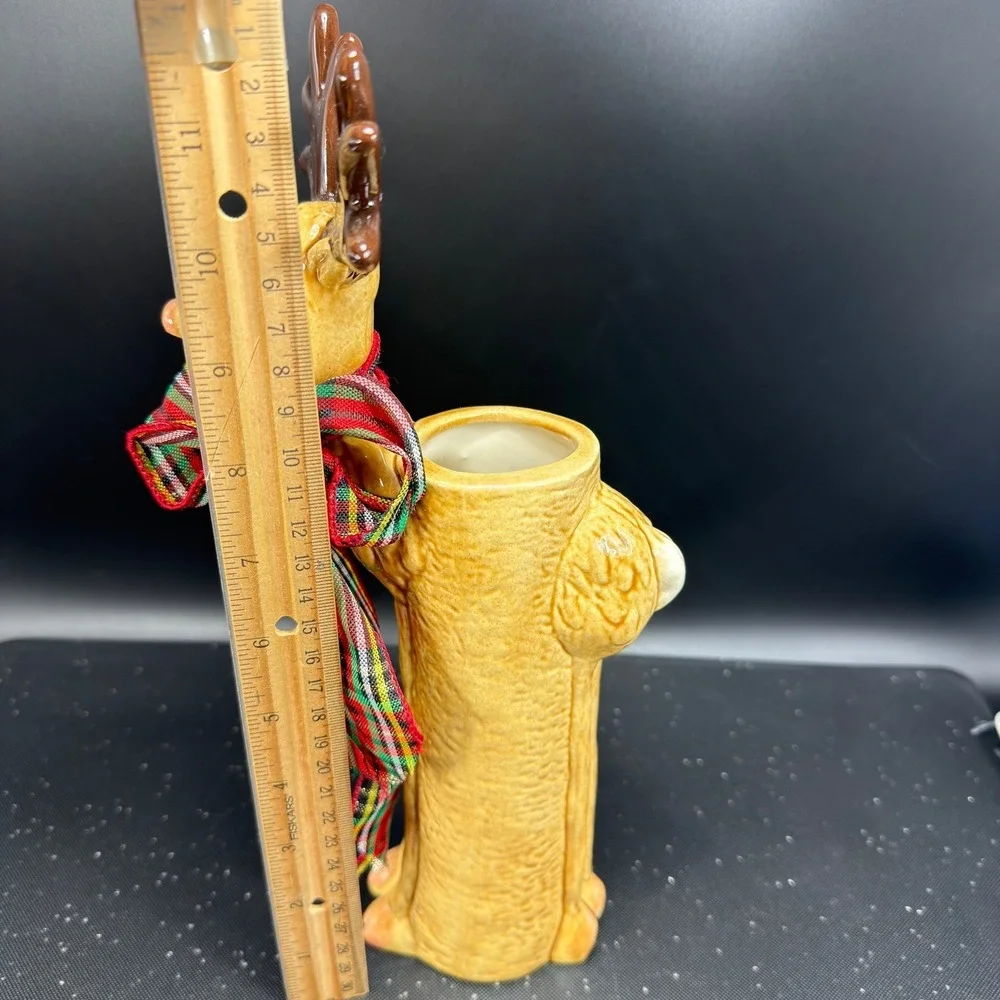 Ceramic Reindeer Bud Vase Christmas Holiday Decor Plaid‎ Bow 11.5 Inch Tan Brown
